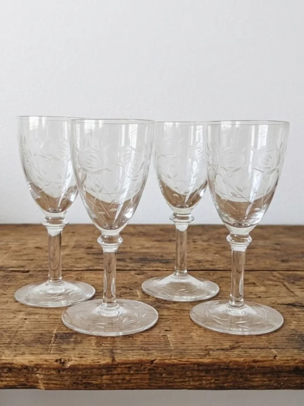 Vintage Frosted Rose Etched Miniature Wine Cordial Glasses Small Barware 4pc